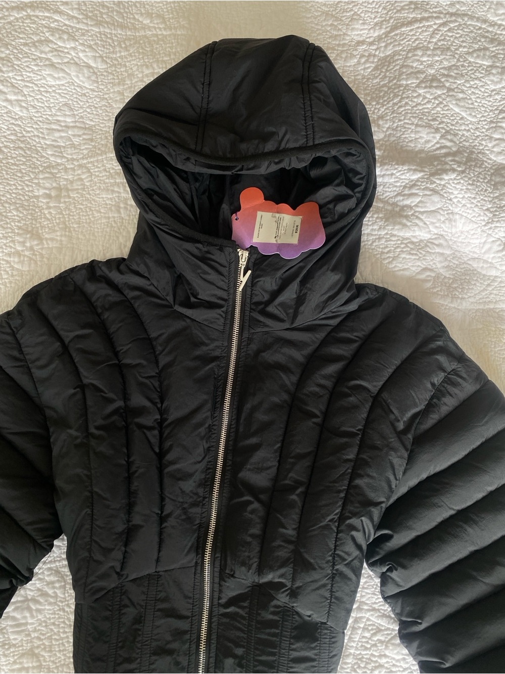 Retro Wide Lantern Sleeve Cropped Puffer Jacket NWT Hooded Black Women’s Size M - Picture 3 of 6